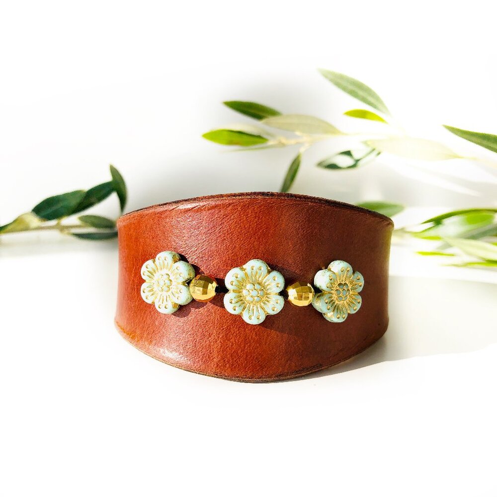 MishaGirl Handmade Boho Leather Cuff Bracelet: Czech Glass Beads